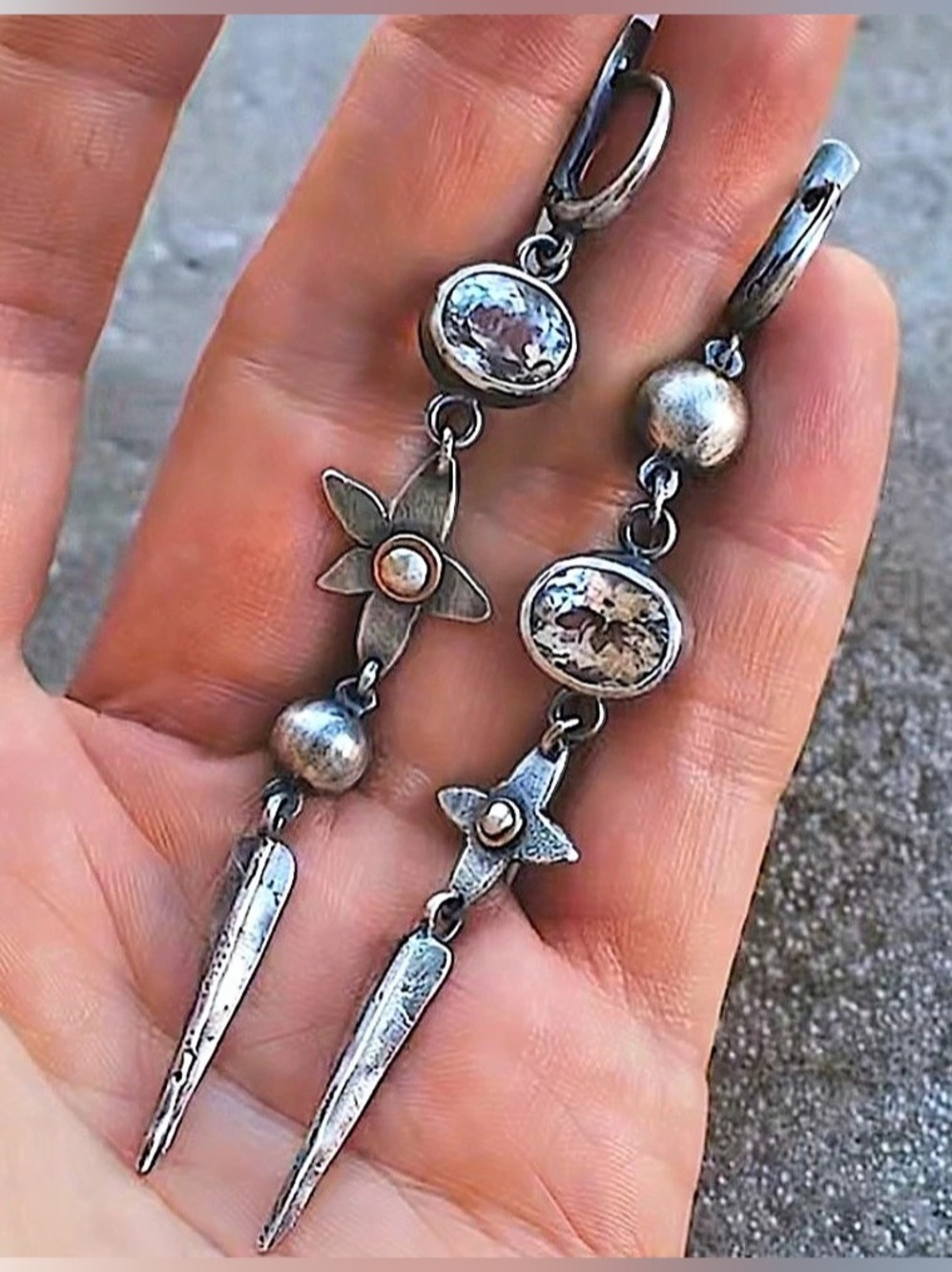 Antique Silver Star Flower Dangle Earrings Geometric Boho Statement Jewelry